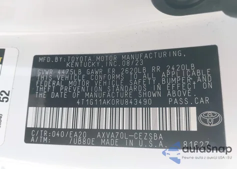 2024 Toyota Camry Se Night Shade/Se из США, поврежденный, VIN 4T1G11AK0RU843490